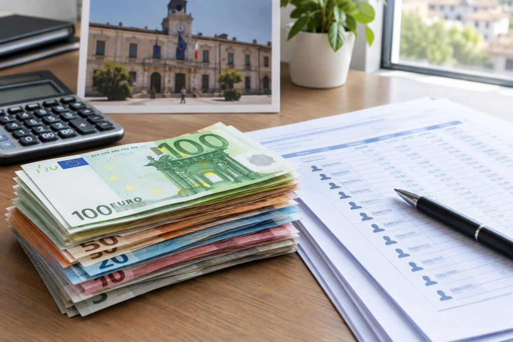 euro banknotes and municipal payroll paperwork