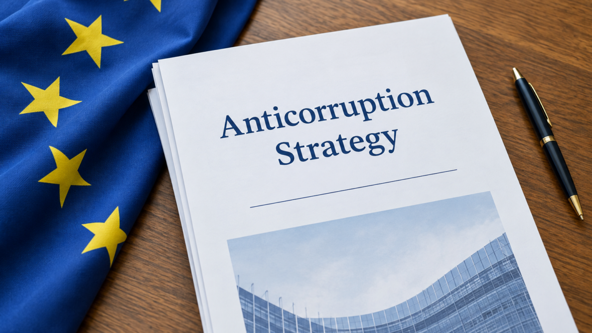 documents titled Anticorruption Strategy with EU flag
