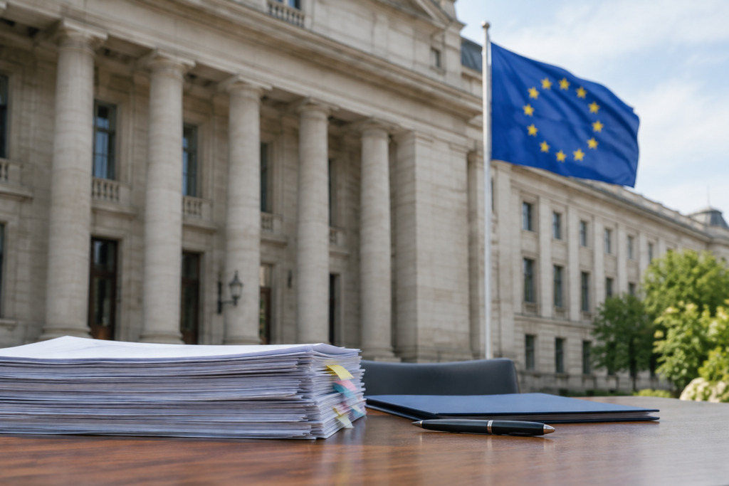 government building with EU flag and documents