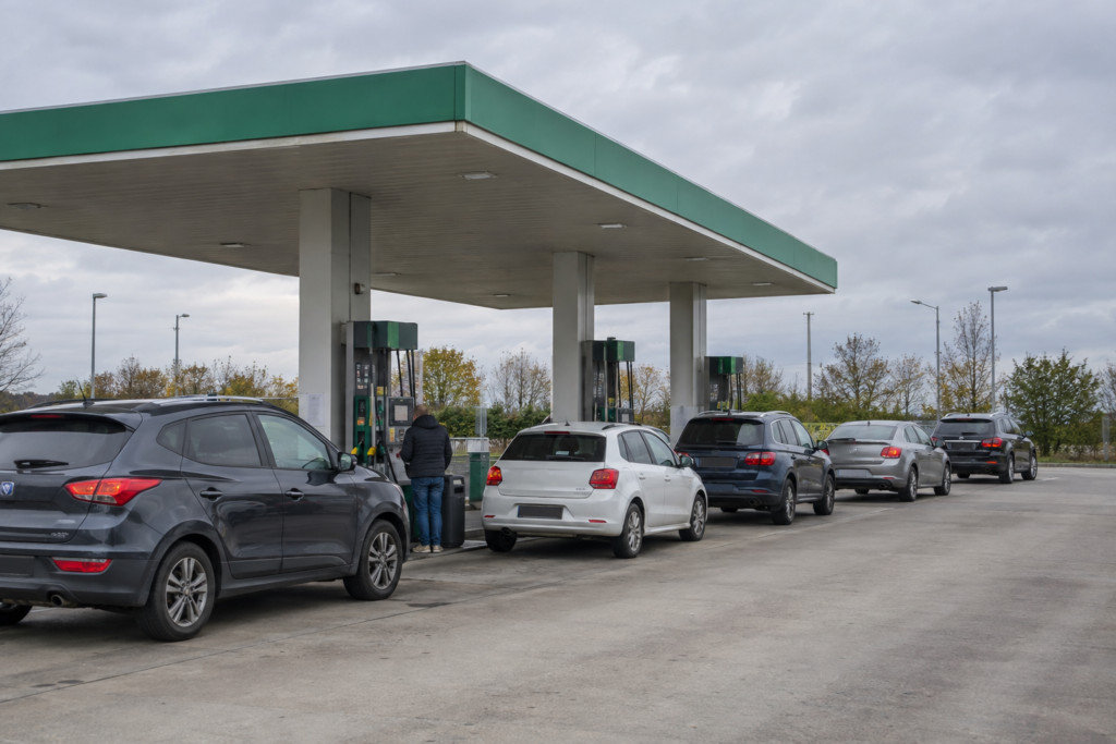 черга автомобілів на автозаправці з насосами
