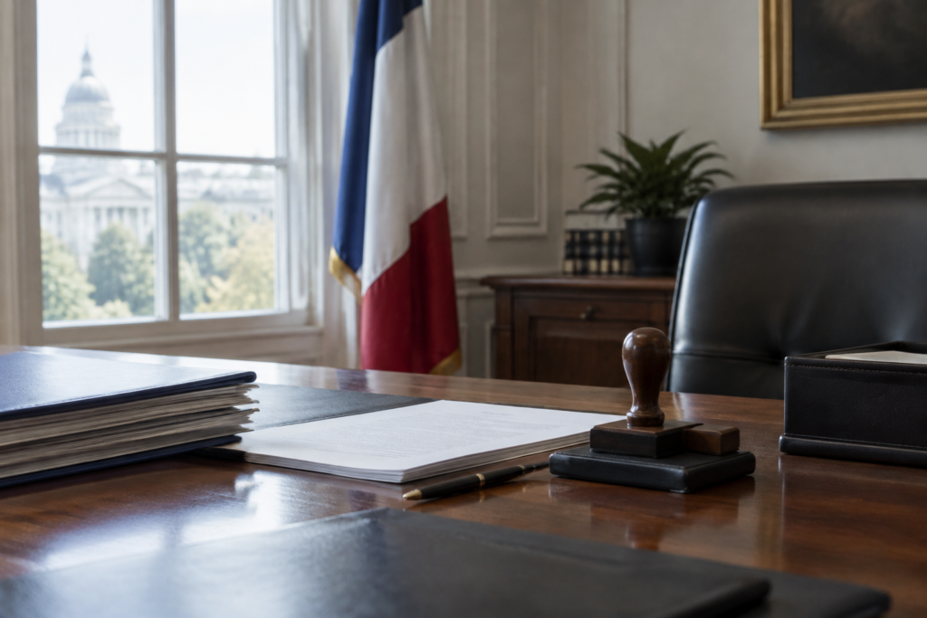desk with documents and official stamp