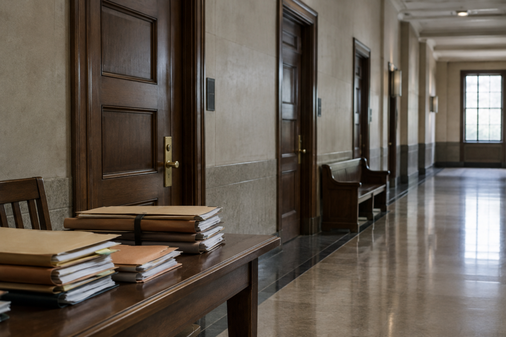 courtroom corridor with legal files