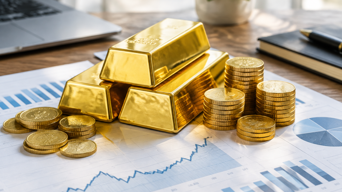 gold bars and coins with financial charts