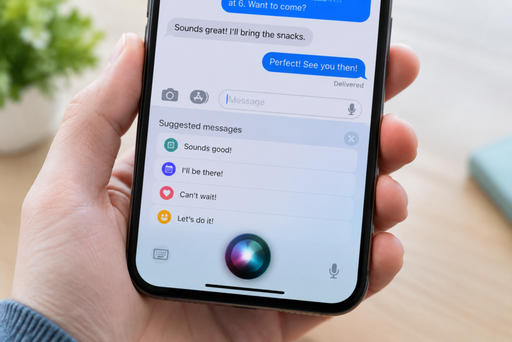 iPhone з відкритими Повідомленнями та Siri інтерфейсом