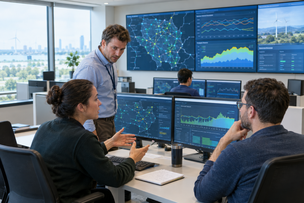 engineers monitoring power grid screens and discussing