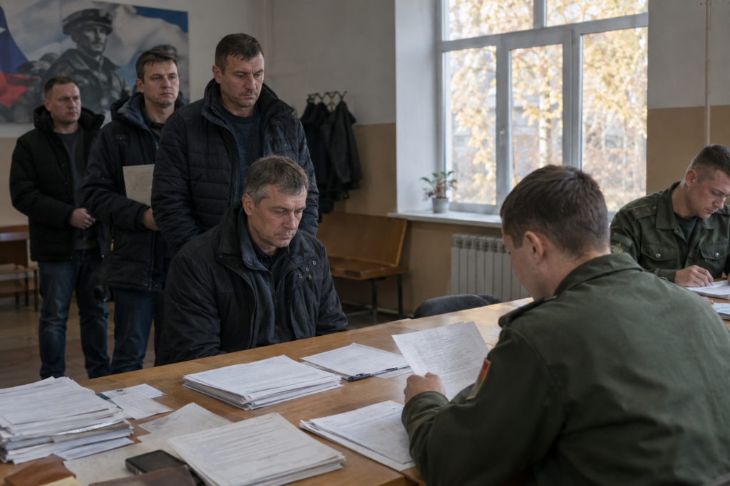 мужчины в призывном пункте подписывают документы