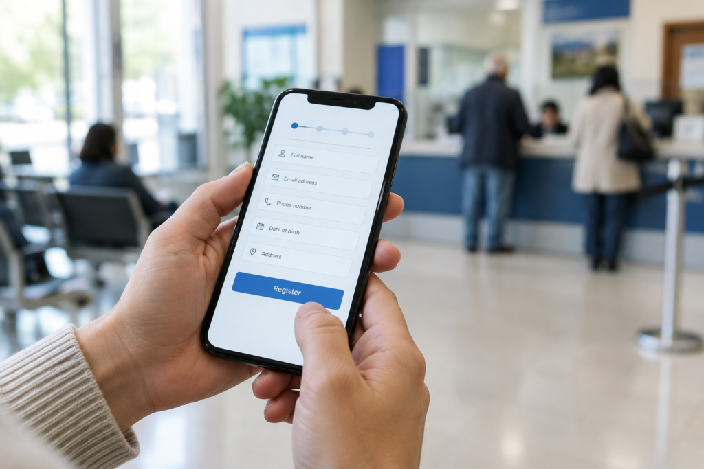 hands holding smartphone with registration form