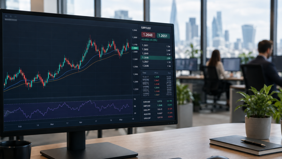 trading screen showing GBPUSD chart and data