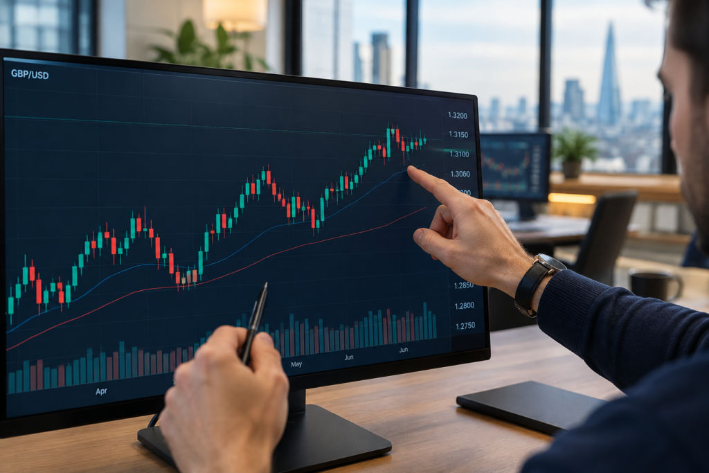 руки, указывающие на график GBPUSD на экране