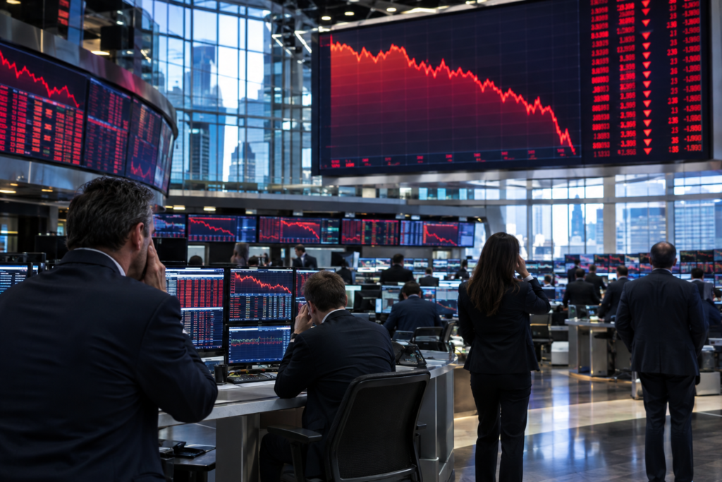 Trading hall with screens showing falling stocks