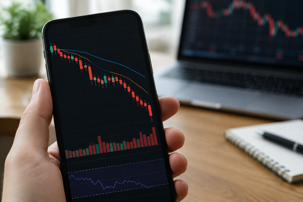 смартфон с графиком падения биткоина и торговыми свечами