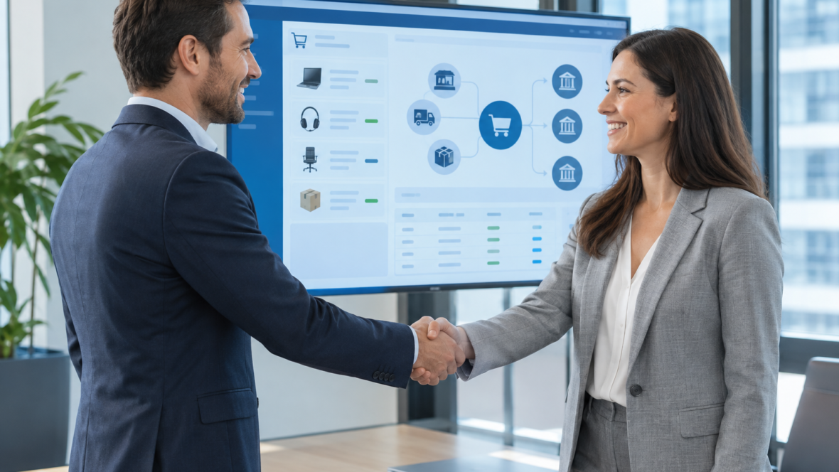 handshake in front of a screen displaying the platform interface