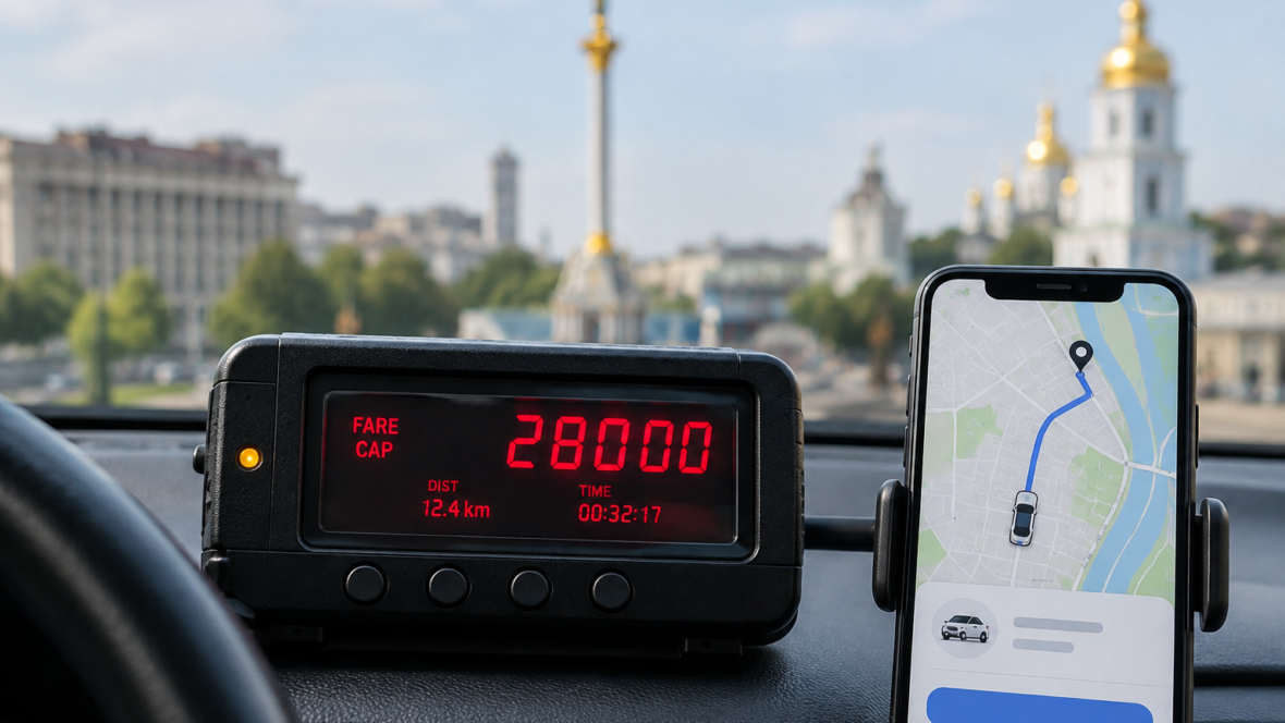 Таксометр і смартфон з мапою Києва