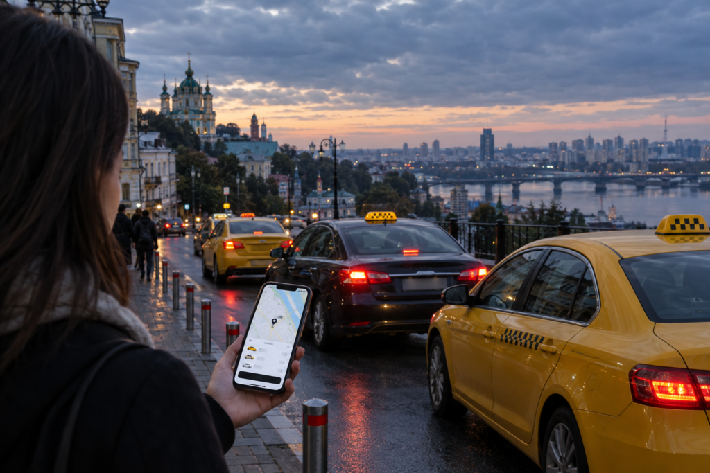 Такси на улице Киева в ожидании клиентов