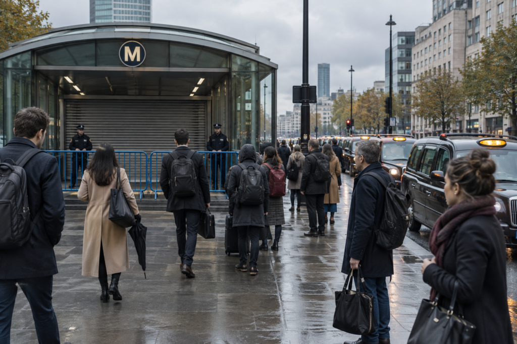 Люди возле остановленного метро и очередь такси