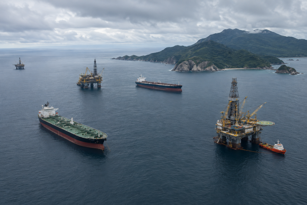 нефтяные вышки у побережья острова