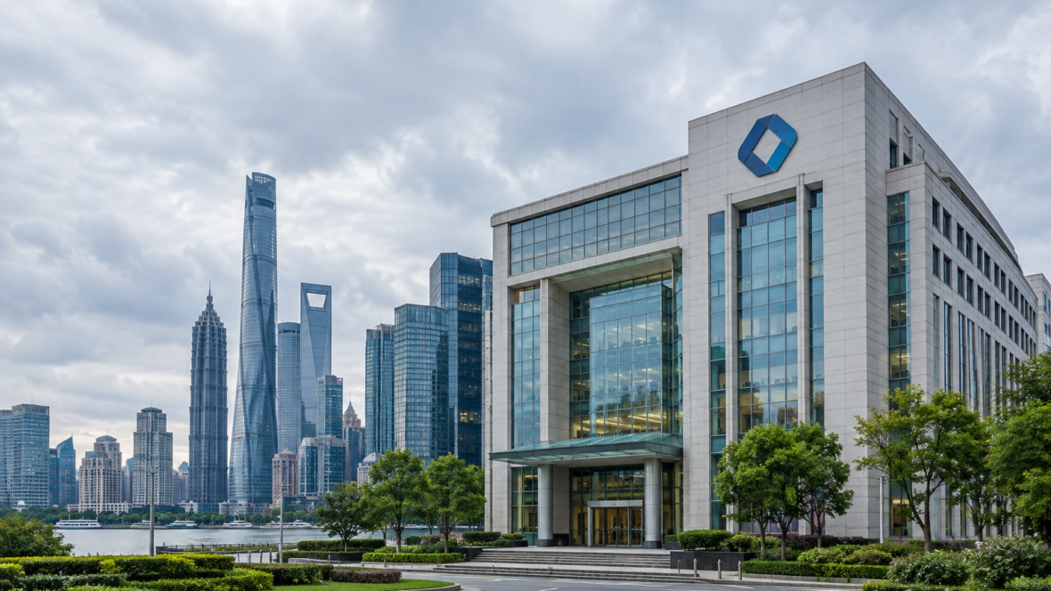 Bank headquarters with corporate logo