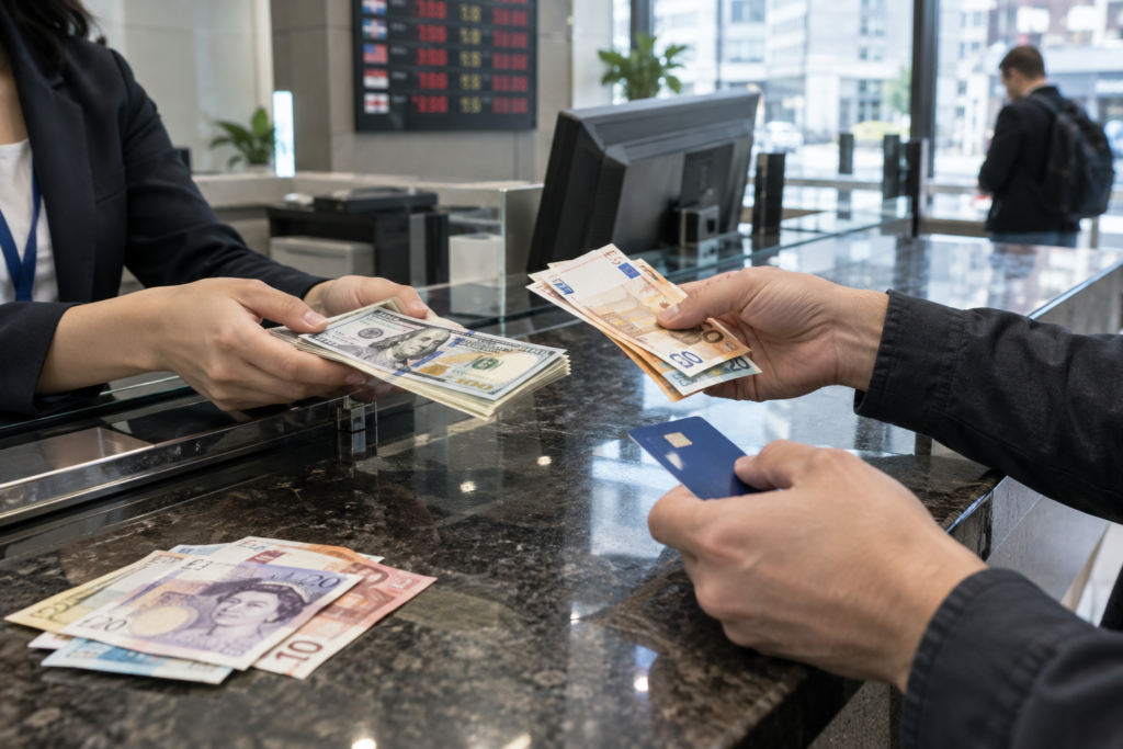 Люди обмінюють валюту біля каси