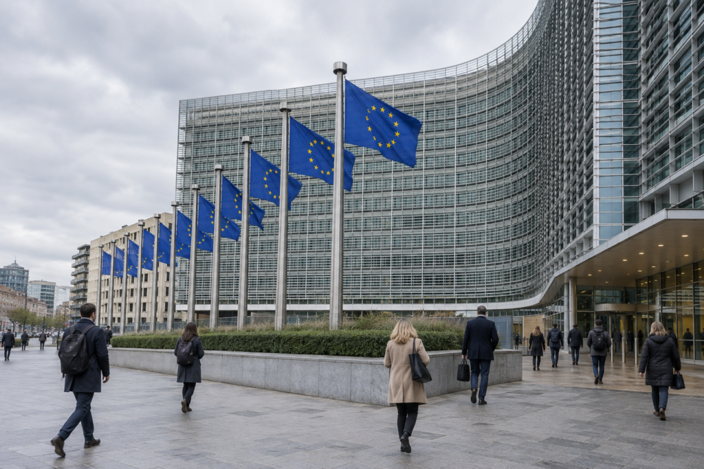 Будівля Єврокомісії з прапорами та людьми