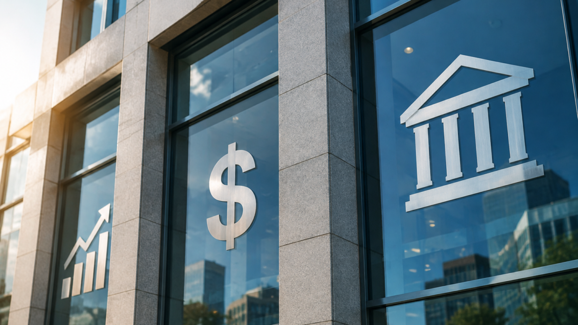 bank building facade with glass windows
