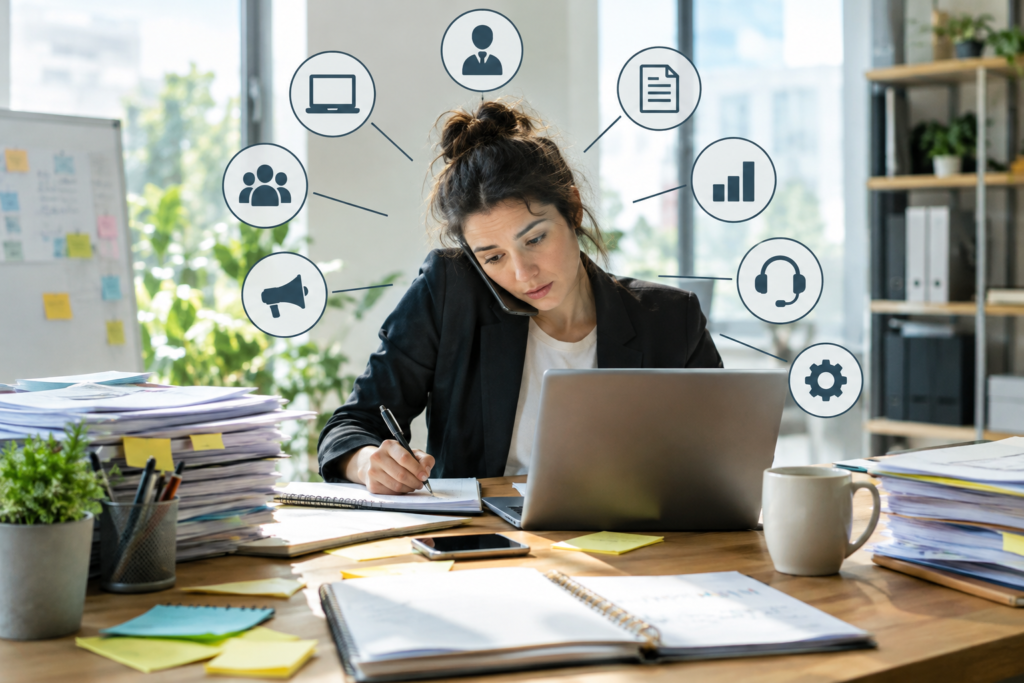 overworked employee with multiple task lists