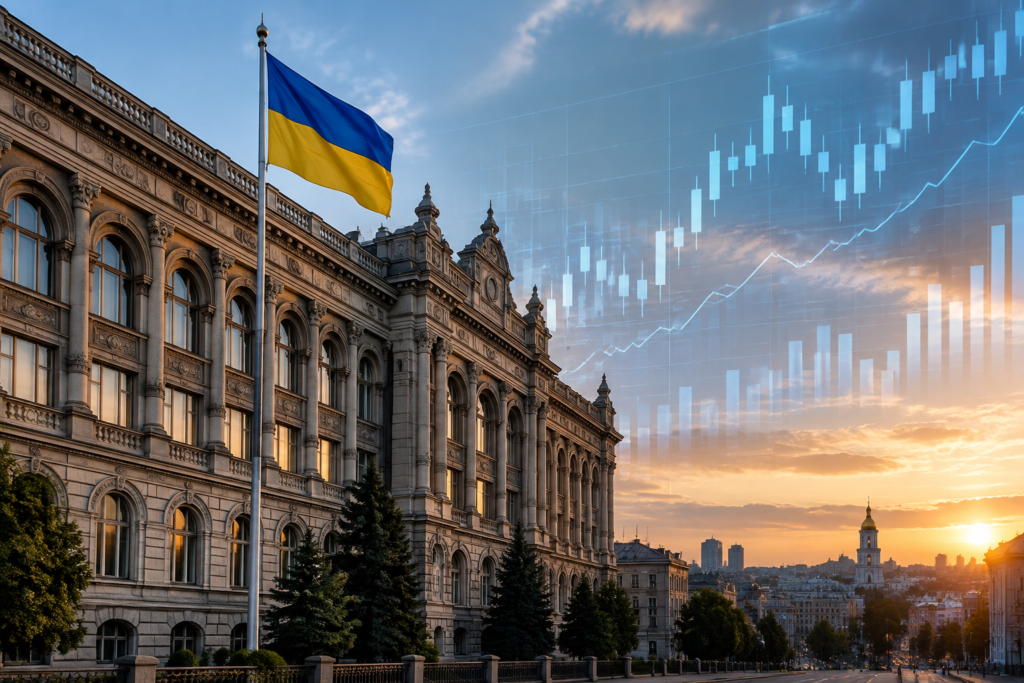 фасад центрального банка с флагом и графиком