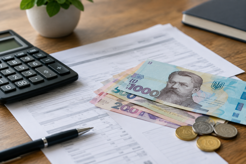 банкноты, калькулятор и документы на столе