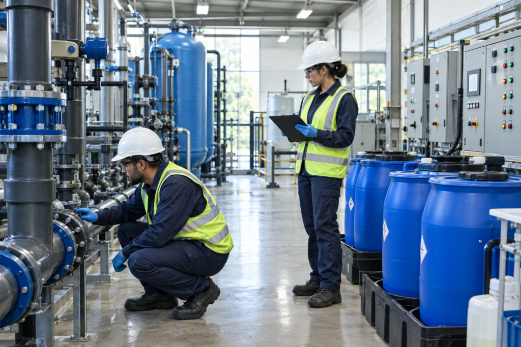water utility technicians in the premises of the treatment facilities