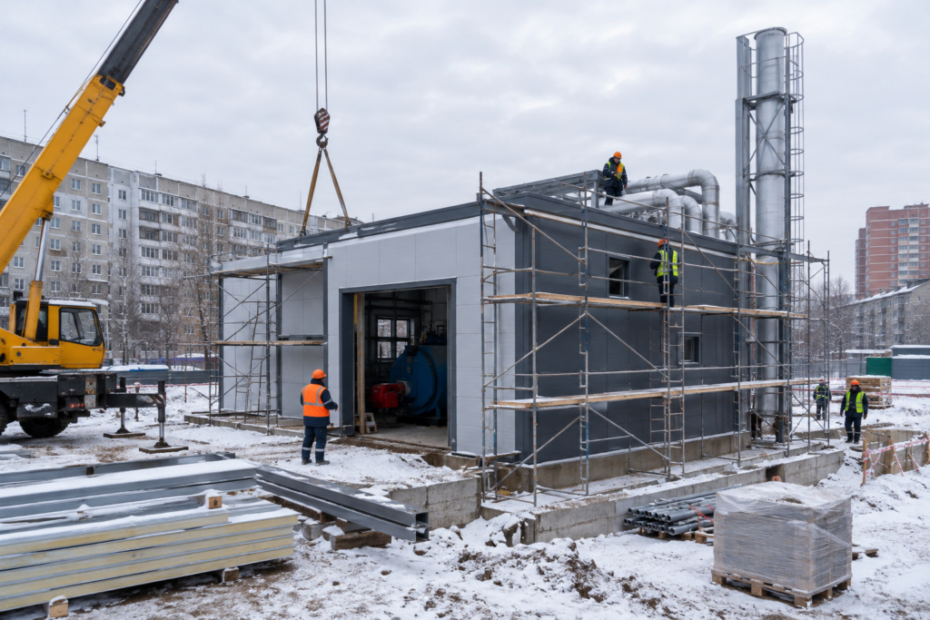 construction of a boiler house with workers and cranes