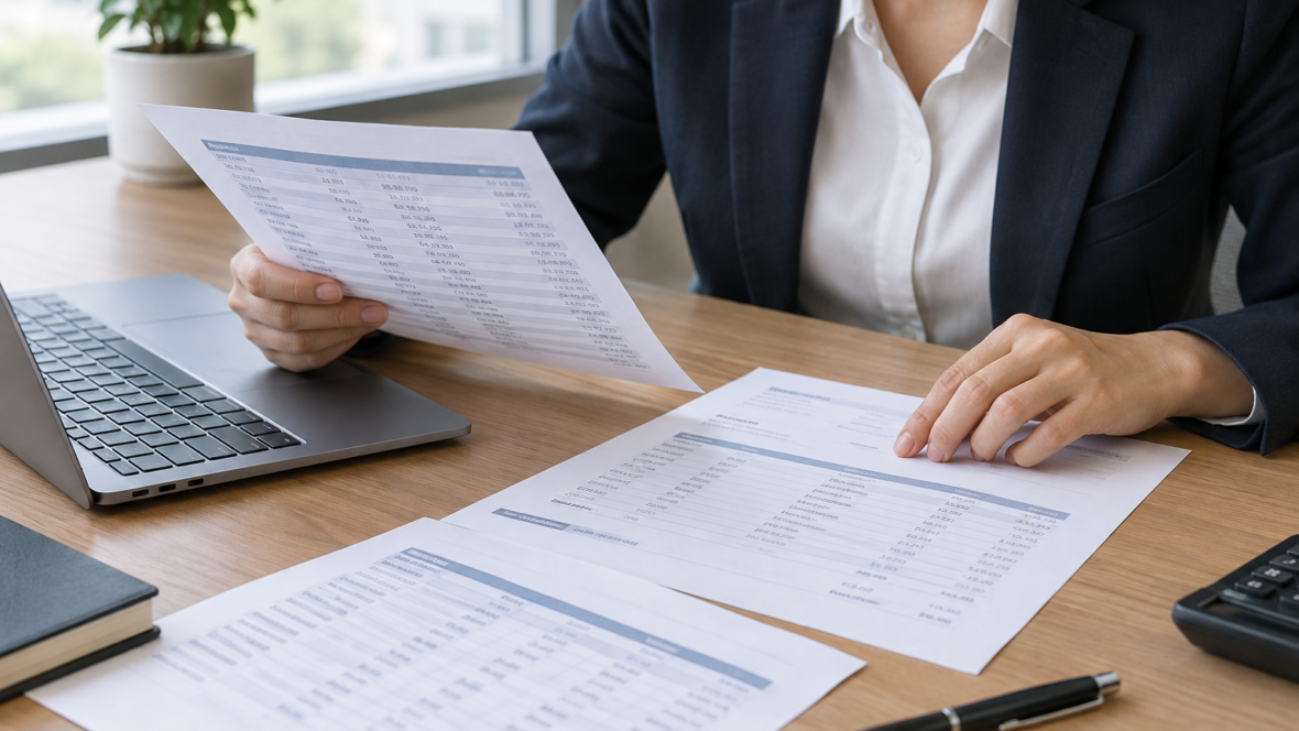 bank employee comparing transactions with invoices
