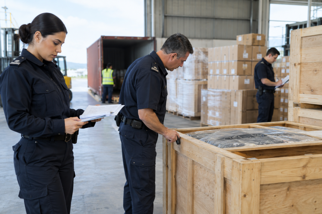 customs officers inspecting cargo and paperwork
