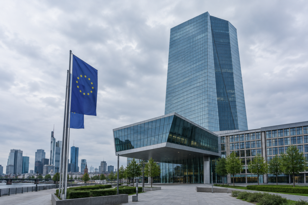 Фасад центрального банку з прапором ЄС