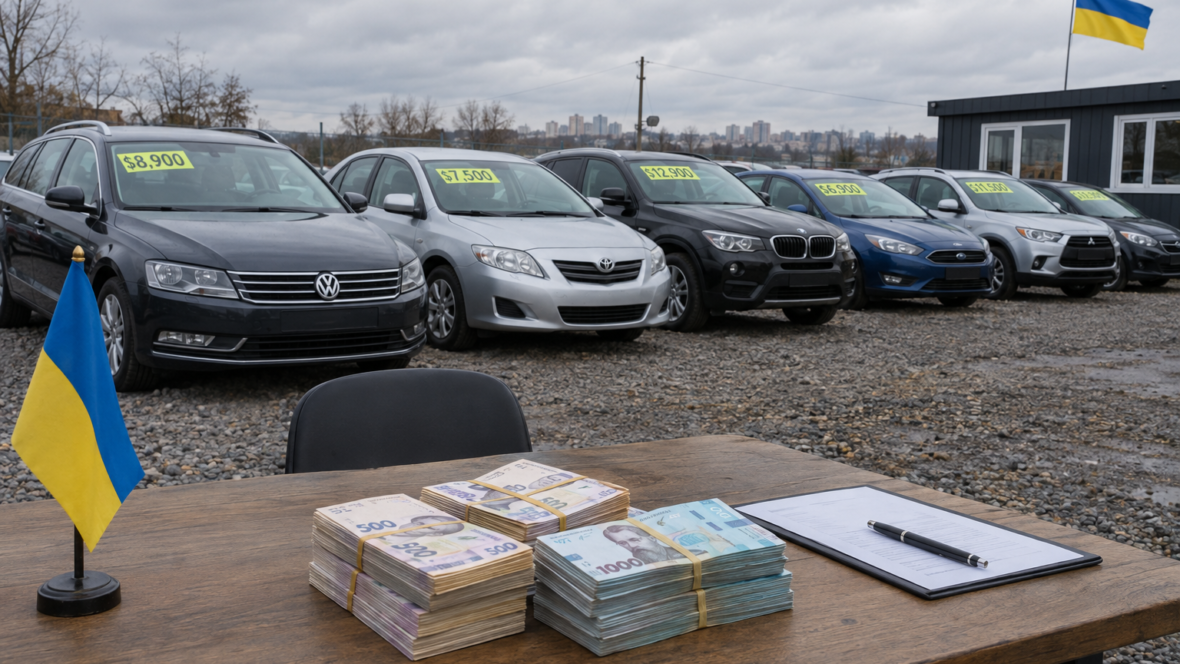 автомобілі на майданчику з цінниками і грошима