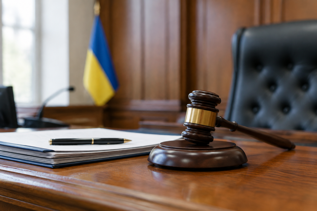 судові документи та судова зала в тлі