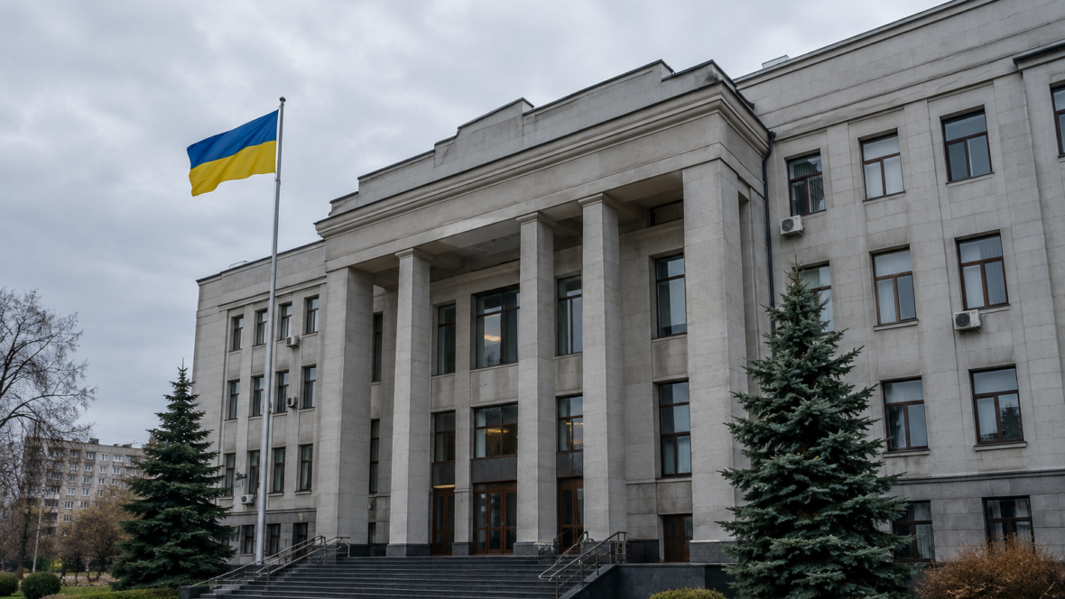 tax office building with flag and cloudy sky