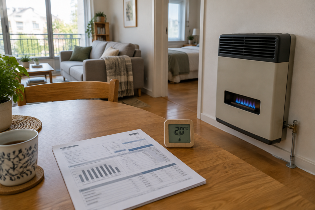 apartment interior with gas heater and bill