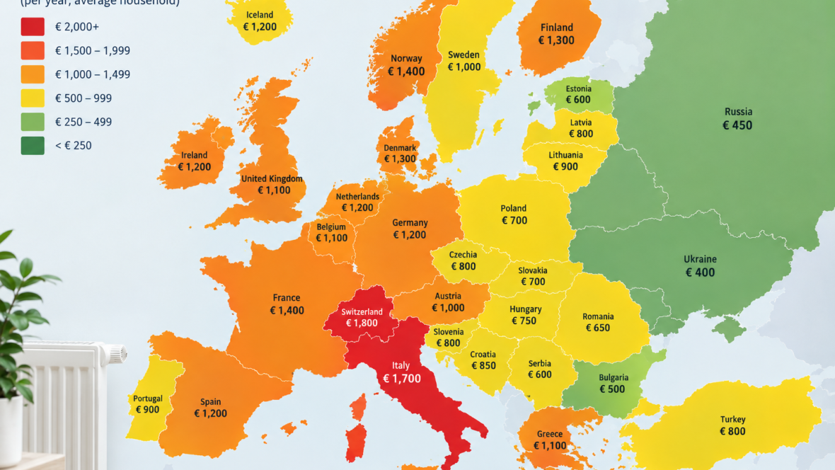 map showing gas heating costs across Europe