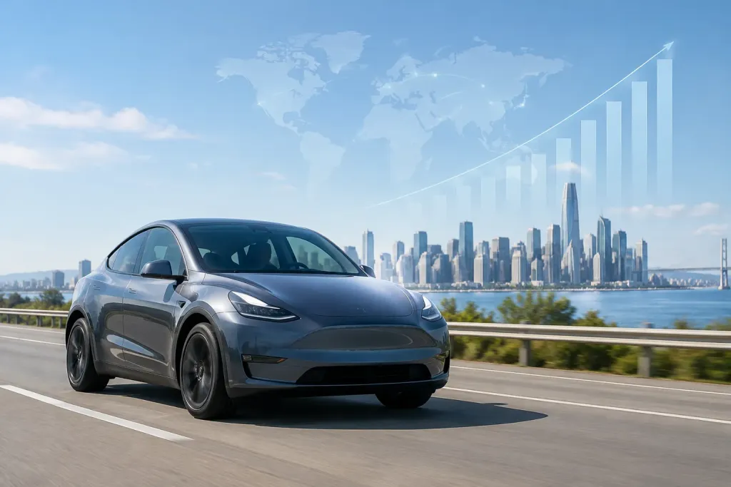 Tesla Model Y на дороге на фоне города
