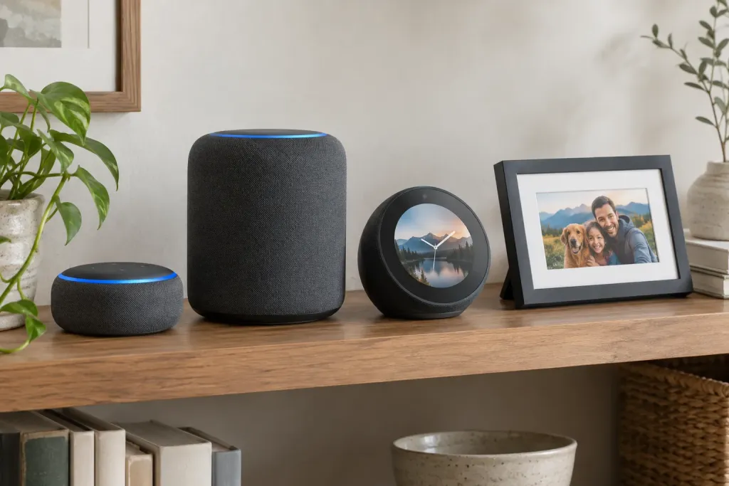 A set of smart devices on a shelf