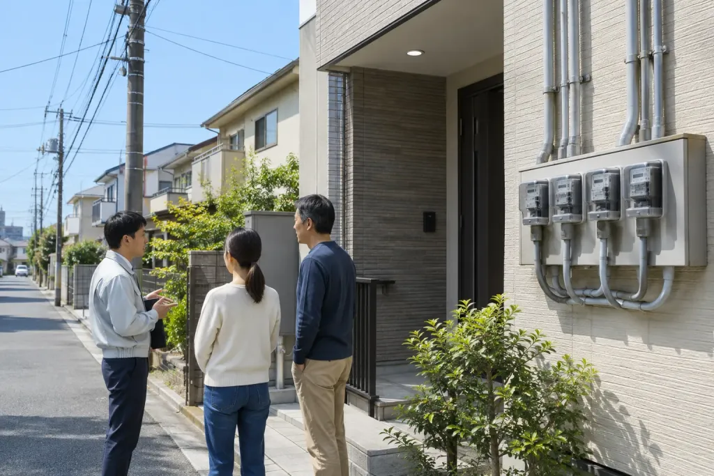 residential building with electricity meters and power lines