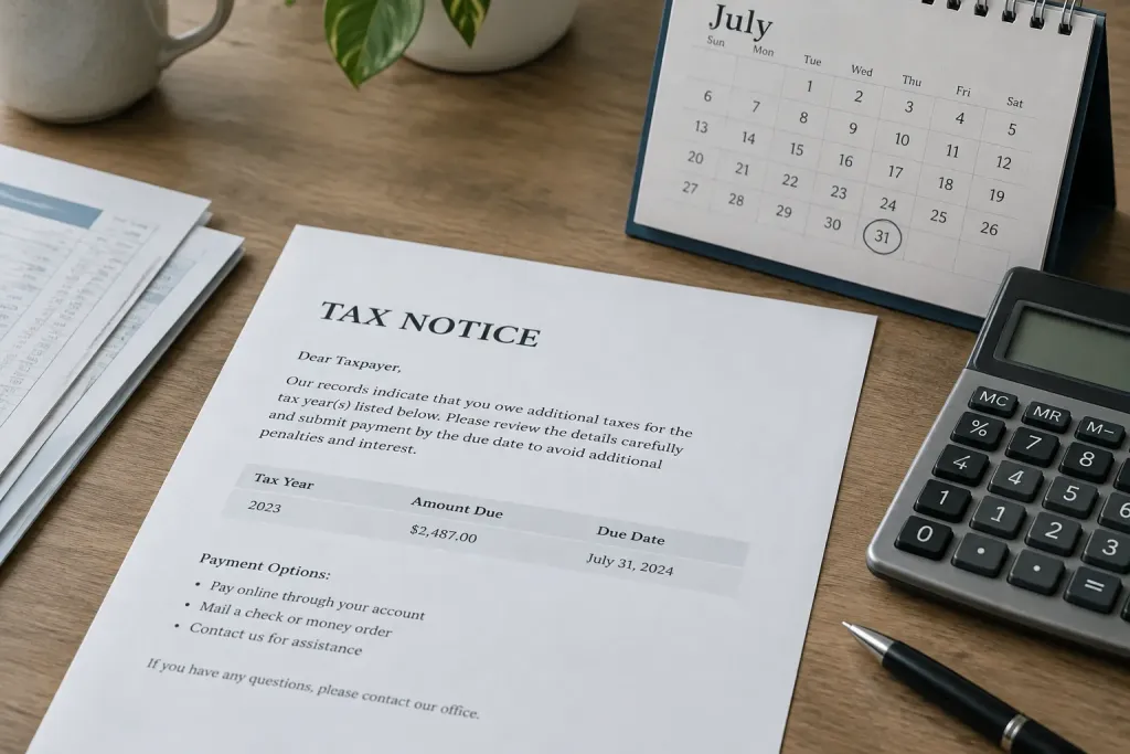 налоговая квитанция на столе с календарём