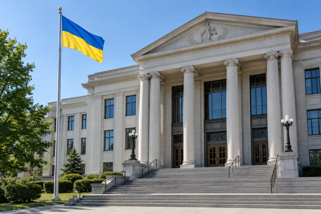 судова будівля з прапором України біля входу