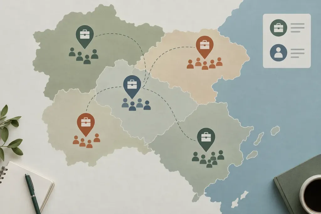 карта регіонів з іконками вакансій та відгуків