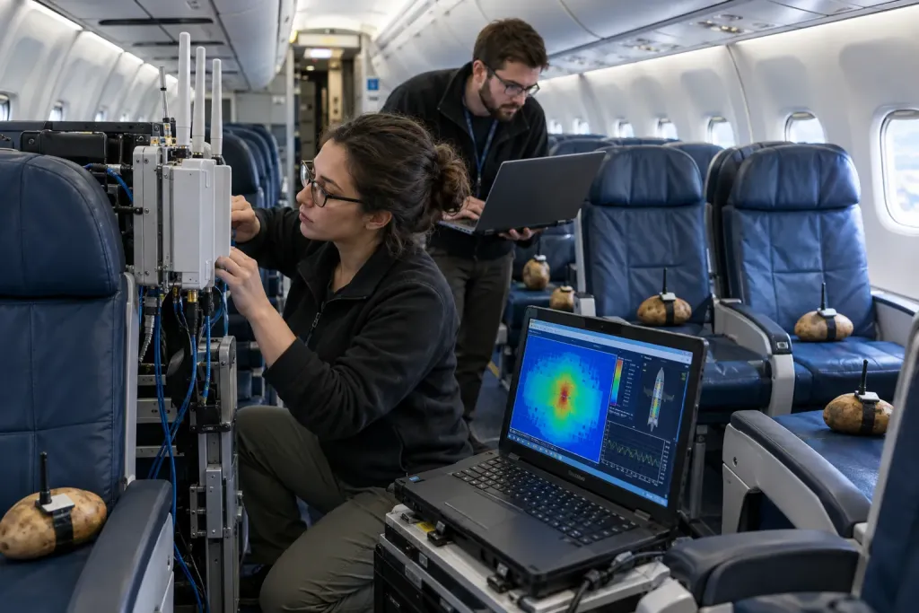 engineers adjusting onboard Wi-Fi relay equipment