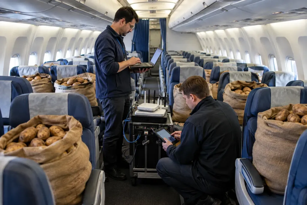 aircraft cabin with sacks of potatoes on seats
