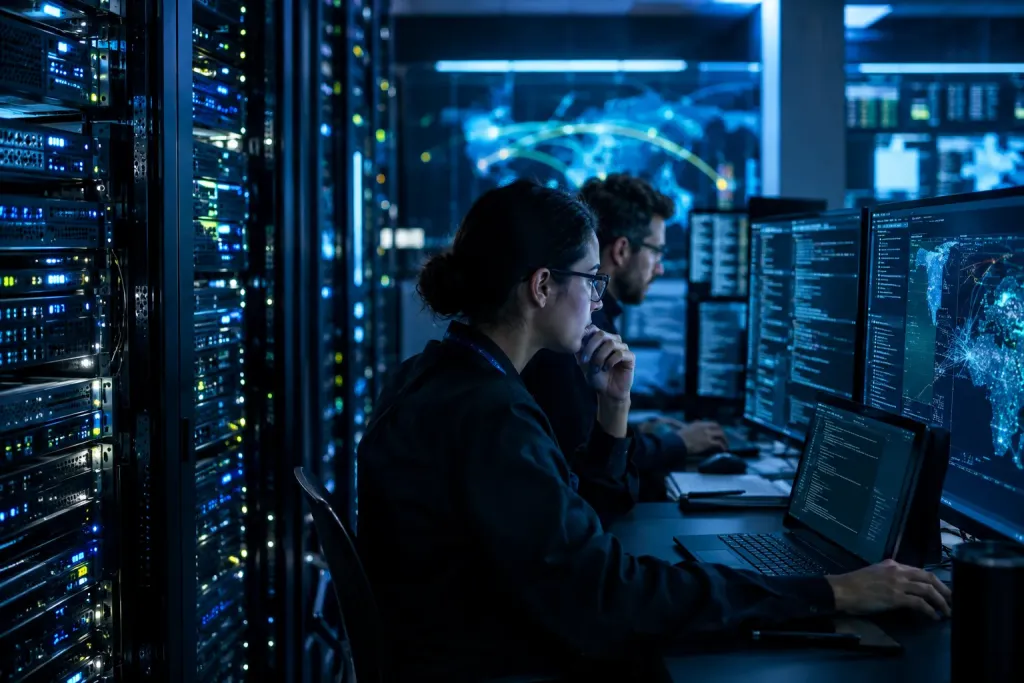 сервери та експерти з кібербезпеки за роботою