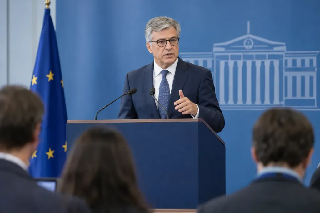 голова центрального банку на пресбрифінгу з мікрофонами