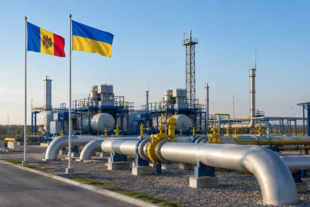 газова компресорна станція з прапорами Молдови і України