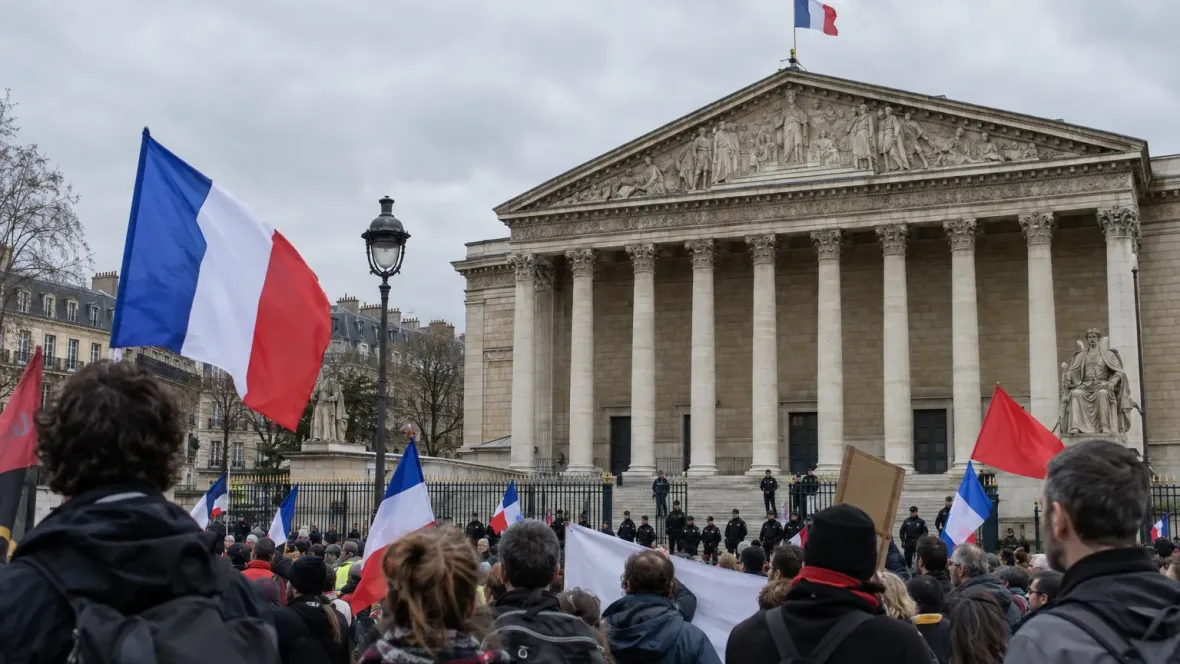 урядова будівля перед протестувальниками з плакатами