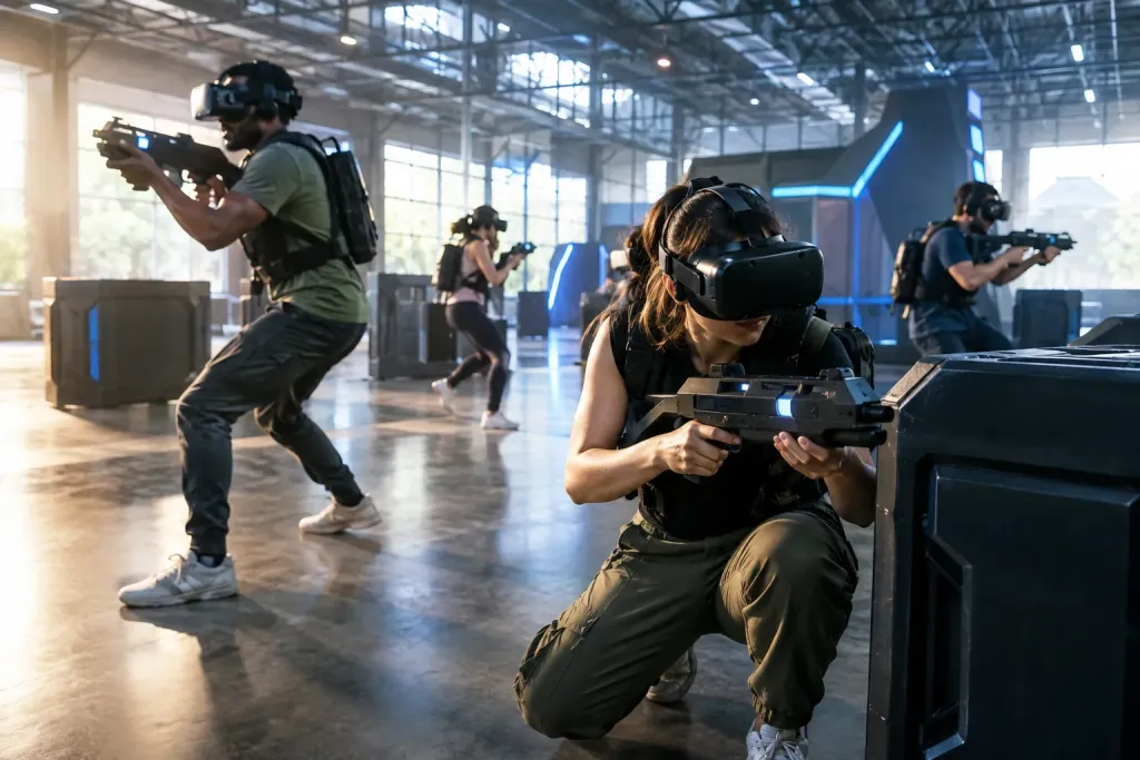 friends playing team VR shooter